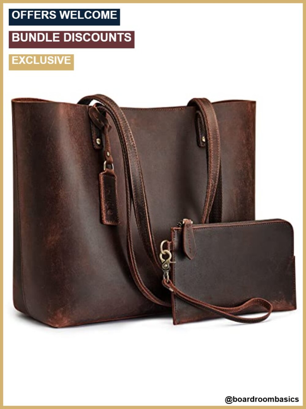 Genuine Leather Tote Bag 3-Piece Set Convertible Shoulder Bag with Pouch &
